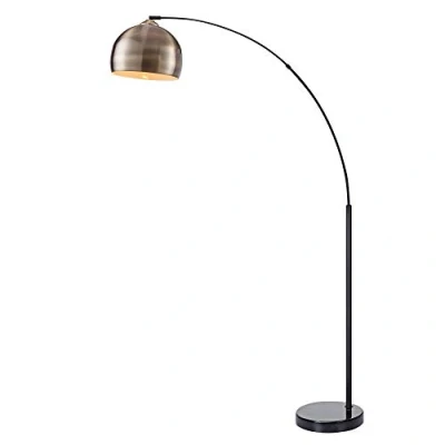Image of Teamson Home Arquer 173cm Arc Floor Lamp for Living Rooms, Offices, Dining Bedrooms with Faux Black Marble Base and Antique Brass Bell Shade