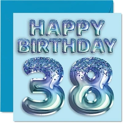 Image of 38th Birthday Card for Men Blue Glitter Party Balloon Happy Cards 38 Year Old Man Brother Friend Uncle Dad, 145mm x Thirty Eight Eighth Bday Greeting Gift