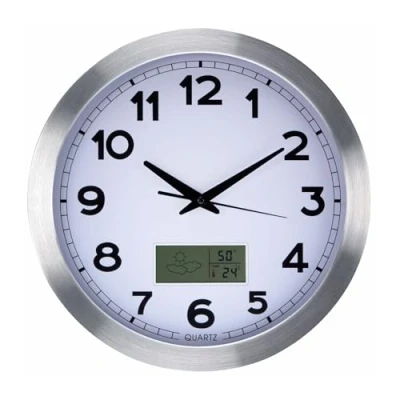 Image of Perel Aluminium LCD Wall Clock with Thermometer, Hygrometer and Forecast, Diameter, Silver/White, Ø 35 cm