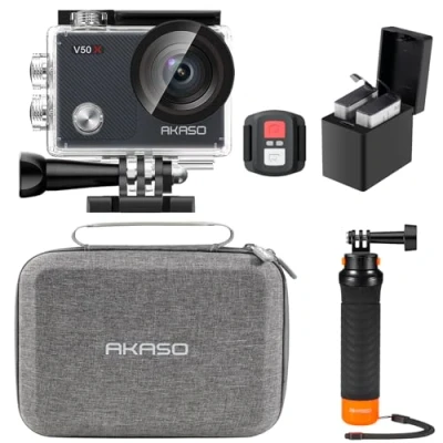 Image of AKASO V50 X Action Camera Floating Hand Grip Bundle Includes 4K Underwater Camera, Grip, 2 Batteries, Carrying Case, and Accessories Kit