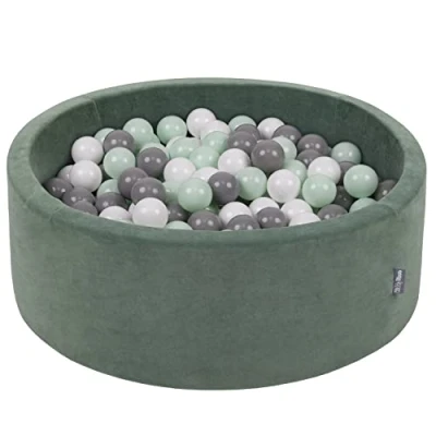 Image of KiddyMoon Soft Ball Pit Round 90X30cm/200 Balls ∅ 7Cm / 2.75In For Kids, Foam Velvet Pool Baby Playballs, Made In The EU, Forest Green:White/Grey/Mint