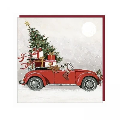 Image of Charity Christmas Cards Magic Awaits Vintage Car and Gifts with a Flitter Finish Eco Friendly &amp; Recyclable Pack of 6 By Artbeat