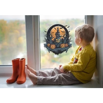 Image of QuoteMyWall Halloween Window Sticker Decal Haunted House With Bats &amp; Creepy Black Pumpkins Removable Decor