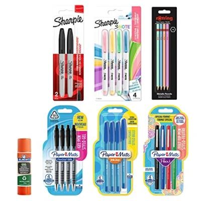 Image of Paper Mate, Sharpie, Rotring &amp; Elmer&#039;s Stationery Supplies Ballpoint Pens, Gel Marker Highlighters, HB Pencils Glue Stick Perfect for School Office 23 Count