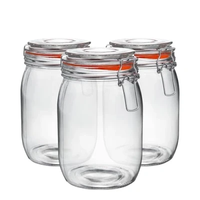 Image of Argon Tableware Glass Jars with Airtight Metal Clip Lid 1000ml/33.8oz 6 Pack 4 Colour Seals Large Kitchen Storage Container Round Preserving Jar for Pickling, Chutney, Jam, Coffee
