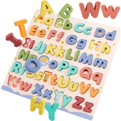 Image of Sanfly Wooden Alphabet Puzzle Abc Letters Sorting Board Uppercase and Lowercase Puzzles Learning Educational Toys for Toddlers