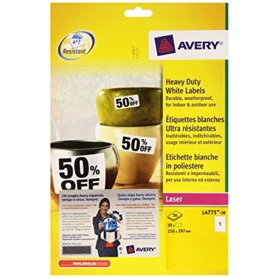 Image of Avery L4775 20 Heavy Duty Labels 210x297mm White (20 Labels)