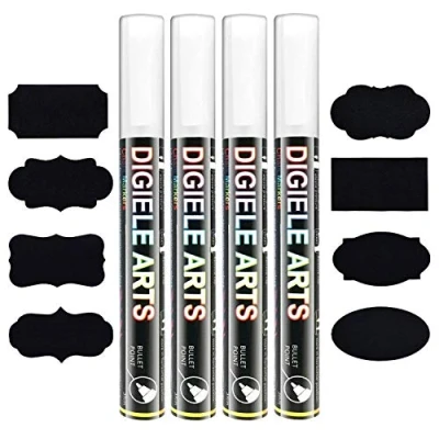 Image of White Chalk Marker Pens, DIGIELE 6mm Liquid Dry or Wet Wipe Erase, Reversible Bullet Chisel Tip for Blackboard, Window, Glass &amp; Mirror, 4pcs Pens + 16pcs Chalkboard Labels Packed