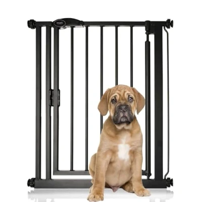 Image of Bettacare Auto Close Pet Gate, 68.5cm 75cm, Matt Black, Narrow, Narrow Pressure Fit Stair Gate for Dog &amp; Puppy, Safety Barrier Doors Hallways and Spaces, Easy Installation