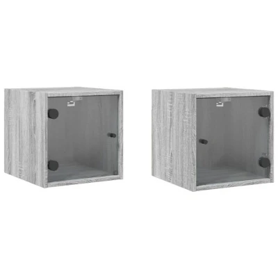 Image of vidaXL Bedside Cabinets with Glass Doors 2 pcs Grey Sonoma 35x37x35 cm