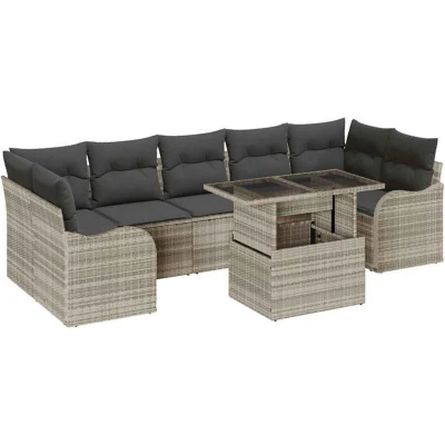 Image of vidaXL 8 Piece Garden Sofa Set with Cushions Light Grey Poly Rattan