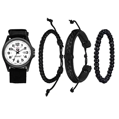 Image of JewelryWe Men&#039;s Military Green Dial Nylon Strap Quartz Calendar Wrist Watch Night Vision Luminous Wristwatch, for Father&#039;s Day, black white set, Casual