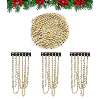 Image of 3 Pack Rose Gold Christmas Tree Beads, 2.7M Luxury Pearl Bead Garland for Xmas Tree, Mantelpiece, Table Centerpiece, Holiday Decor, Indoor/Outdoor Party Ornament