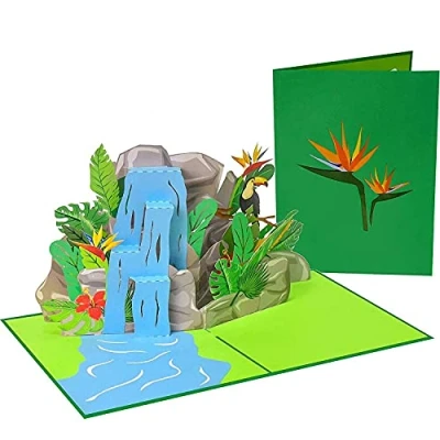 Image of PopLife Tropical Waterfall 3D Pop Up Card for all Occasions Jungle Birthday Card, Coworker, Kids Party, Teacher Colorful Surprise Folds Flat Mailing Mom, Dad, Him
