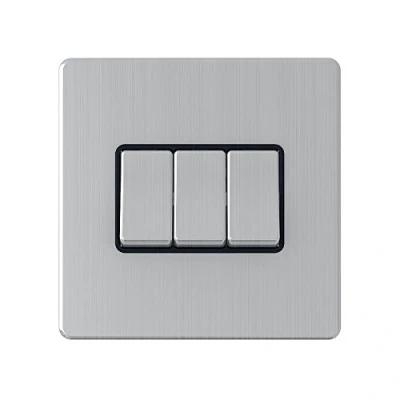 Image of AET SL3GSWIBS Screwless Satin Chrome Flat 3 Gang 10 Amp Black Insert Metal Rocker Switch