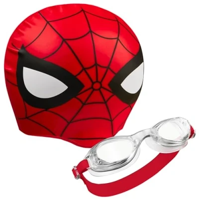 Image of Marvel Children&#039;s Swimming Goggles and Cap Set Anti Fog UV Protection (Red Spiderman, 6 14 Years)