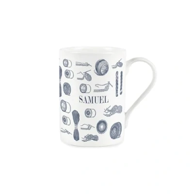 Image of Custom Vintage Hobbies Mug Bespoke Knitting &amp; Sewing Gifts Blue White Bone China Coffee/Tea Cup Present