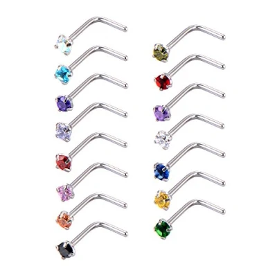 Image of 15 Pieces 20 Gauge L Shaped Nose Ring Curved Stud Bend Bar Piercing Jewellery, Colors