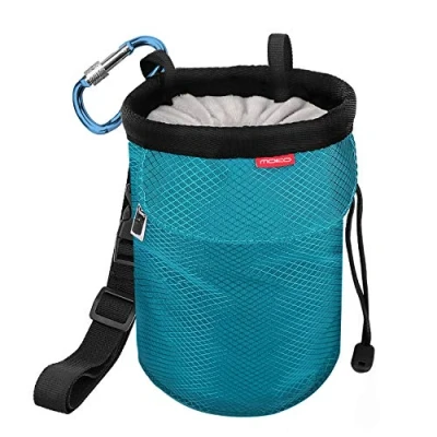 Image of MoKo Chalk Bag, Drawstring Rock Climbing Bag Bouldering Bucket with Adjustable Belt &amp; Zippered Pockets and Carabiner for Weight Lifting Gymnastics Crossfit Light Blue
