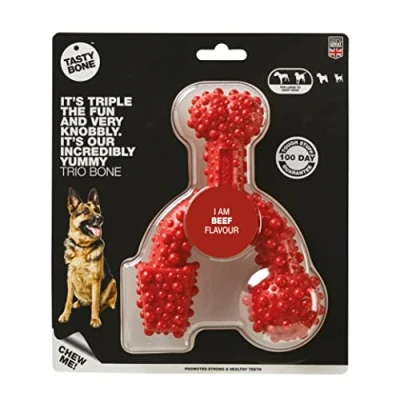Image of TastyBone TrioBone Nylon Dog Chew Toy for Large Dogs (Beef) Indestructible Aggressive Chewers, Everlasting Flavour, Strong Healthy Teeth, Made in the UK