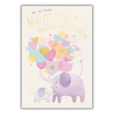 Image of Abacus Cards Lovely Mummy Birthday Card Happy with Elephants and Hearts Design an Embossed Foil Finish for Women