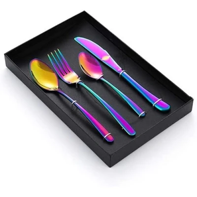 Image of Personalized Gift, Customized Elegant Life Rainbow Cutlery Set Knife Fork Spoon Teaspoon,Stainless Steel Flatware,Mirror Polish &amp; Dishwasher Safe