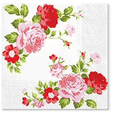 Image of Tete a 3Ply Flowery Tissue Paper Napkins Serviettes 33cm x Pack of 20 (ROSES COMPOSITION)