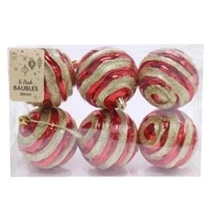 Image of 6 Pcs x 80 mm / 3.15 Inches Christmas Tree Decoration, Baubles, Ornaments Shatterproof Balls for Xmas Hanging Decorations Angel Shiny,Matte,Glitter Decorated Baubles Red and Gold Glitter Swirl