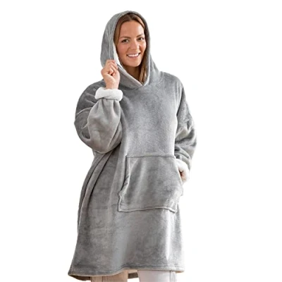 Image of ASAB Wearable Hooded Blanket Soft Sherpa Fleece Snuggle Hoodie Oversized Super Warm Fluffy One Size Fits All Unisex For Women Men Kids Machine Washable Grey
