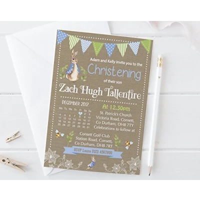 Image of 10 Personalised Peter Rabbit Christening Baptism Naming Day Invites Invitations