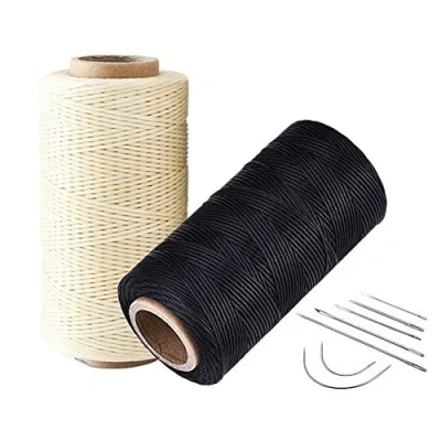 Image of 2pcs 260 Meter 0.8mm 150D Flat Leather Waxed Thread Cord Craft with 1 Set (7pcs) Curved Upholstery Sewing Needles Drilling Awl Thimble (Beige+Black)