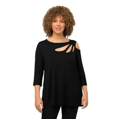 Image of Ulla Popken Women&#039;s Shirt, Cut Outs, A line, Scoop Neck, 3/4 Sleeves T, Black, 20 22