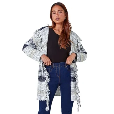Image of Roman Petite Fringed Hooded Cardigan for Women UK Ladies Autumn Everyday Winter Holiday Tassle Detail Comfy Long Sleeve Soft Daywear Jumper Warm Sweaters Navy Size 12