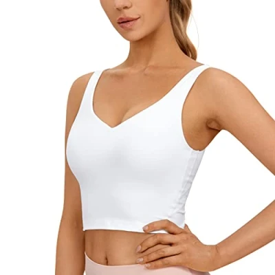 Image of CRZ YOGA Butterluxe Womens V Neck Padded Sports Bra Longline Workout Crop Tank Top with Built in White XS