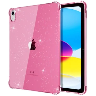 Image of TiMOVO for iPad 10th Generation Case Clear, 10 2022 (10.9 inch), Slim &amp; Light Weight TPU Protective Clear with Raised Edge and Transparent Back, Glitter Flowers Pink