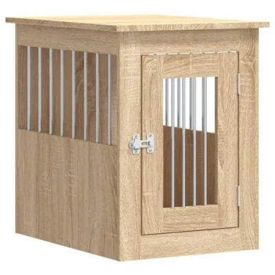 Image of vidaXL Dog Crate Furniture Sonoma Oak 2 in 1 Engineered Wood Kennel &amp; End Table 45x62x59 cm Lockable Door Ventilated Steel Windows