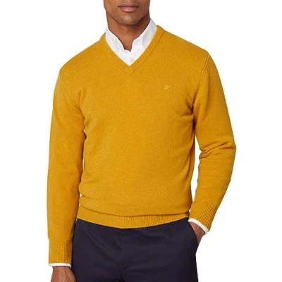 Image of Hackett London Men&#039;s Lambswool V Neck Pullover Sweater, Yellow (Mustard), M