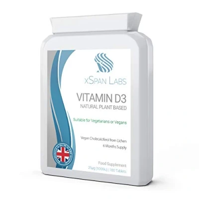 Image of Vitamin D3 Natural Plant Based 25µg (1000 IU) 180 Tablets Vegan Cholecalciferol from Lichen Exclusively Manufactured in The UK