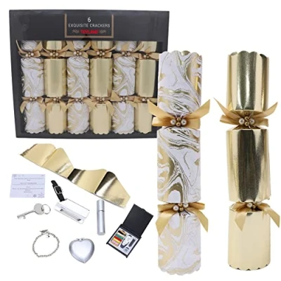 Image of Toyland® 6 Large Exquisite Gold &amp; Marble Effect Design Christmas Crackers Gifts, Hats, Mottos Snaps Included
