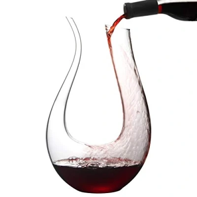 Image of NUTRIUPS 1.3L Wine Decanter, Red Crystal Decanter Carafe, Lead Free Aerating U Shape Decanters for Wine, Carafe with Brush