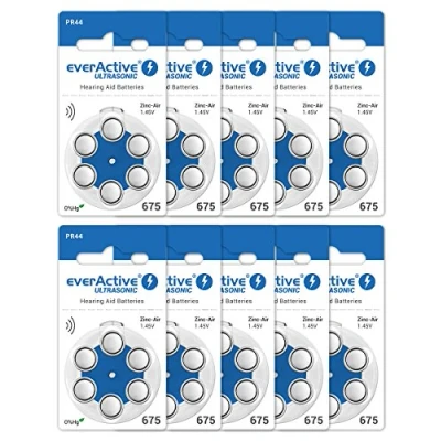Image of everActive 675, 60 Pack, Hearing Aid Batteries, High Performance, Zinc Air 10 Blister Cards, 4 Year Shelf Life, Blue, Ultrasonic PR44