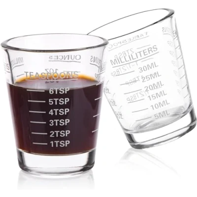 Image of Shot Glasses Measuring Cup Round Liquid Heavy Glass Espresso 1 OZ 4 Features 30ML (2Pack White)