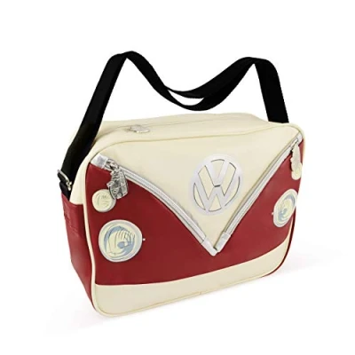 Image of BRISA VW Collection Volkswagen Shoulder Travel Messenger Bag with T1 Bus Campervan Motif (Bus Front/Red)