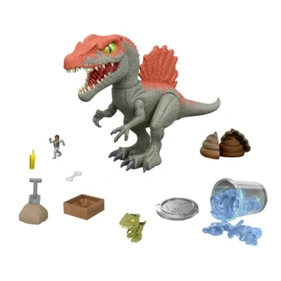 Image of Mattel Jurassic World Cage Crasher Spinosaurus Dinosaur Action Figure &amp; Unboxing Toy, Sand Gel Dough, Breakout Discovery Rescue Play, HTP71