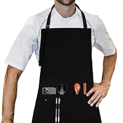 Image of LessMo Black Apron, Chef Apron With Two Pockets, Adjustable Men Aprons Women Aprons, 100% Cotton Professional Quality, 70 x 85 cm, for Home Kitchen, Restaurant, Coffee house