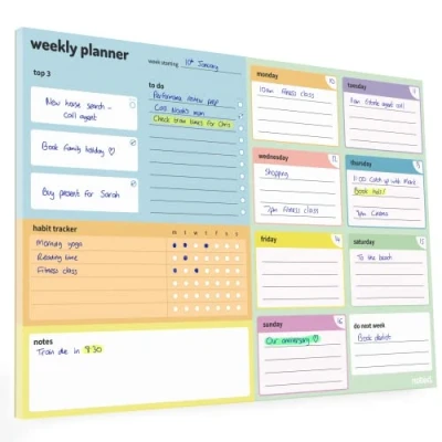 Image of A4 Weekly Planner Pad 52 sheet undated desk organiser by Noted for work, fitness, student revision and meal planning colourful 100gsm paper