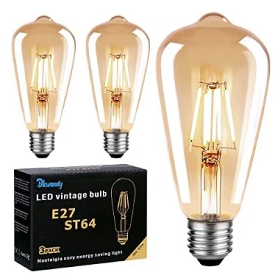 Image of LED Edison Bulb E27, 6W Vintage Light Bulbs 60W Incandescent Equivalent, Retro Filament ST64 Amber Glass Screw Lamp, 600LM 2700K Warm White, 3 Pack