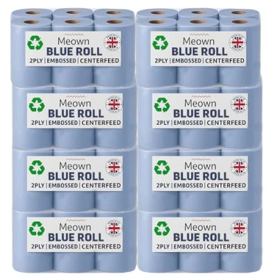 Image of Meown Blue Roll 2 Ply Embossed Centrefeed Paper Towels for Kitchen, Cleaning &amp; Commercial Use Lint Free, Strong Wiping (Pack of 8)