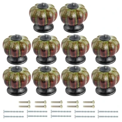 Image of Mgoodoo Ceramic Door Knob Antique Pumpkin for Cabinets Cupboard Dresser Drawers Kitchen Furniture Handles Pulls (10 Pcs, Green)