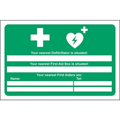 Image of Your nearest Defibrillator is situated first aid box Safety sign Self adhesive vinyl 300mm x 200mm